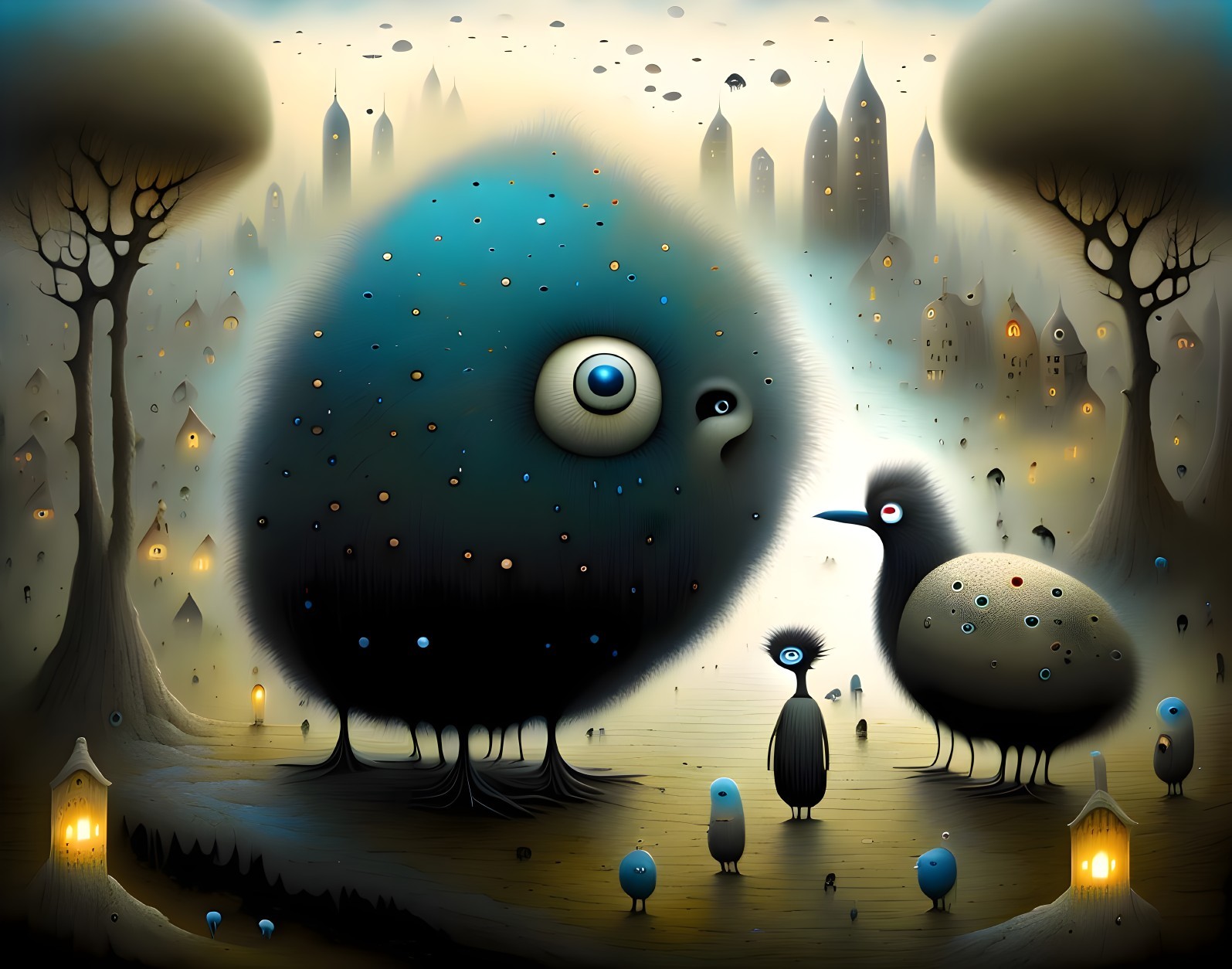 Whimsical Night Scene in a Glowing Forest