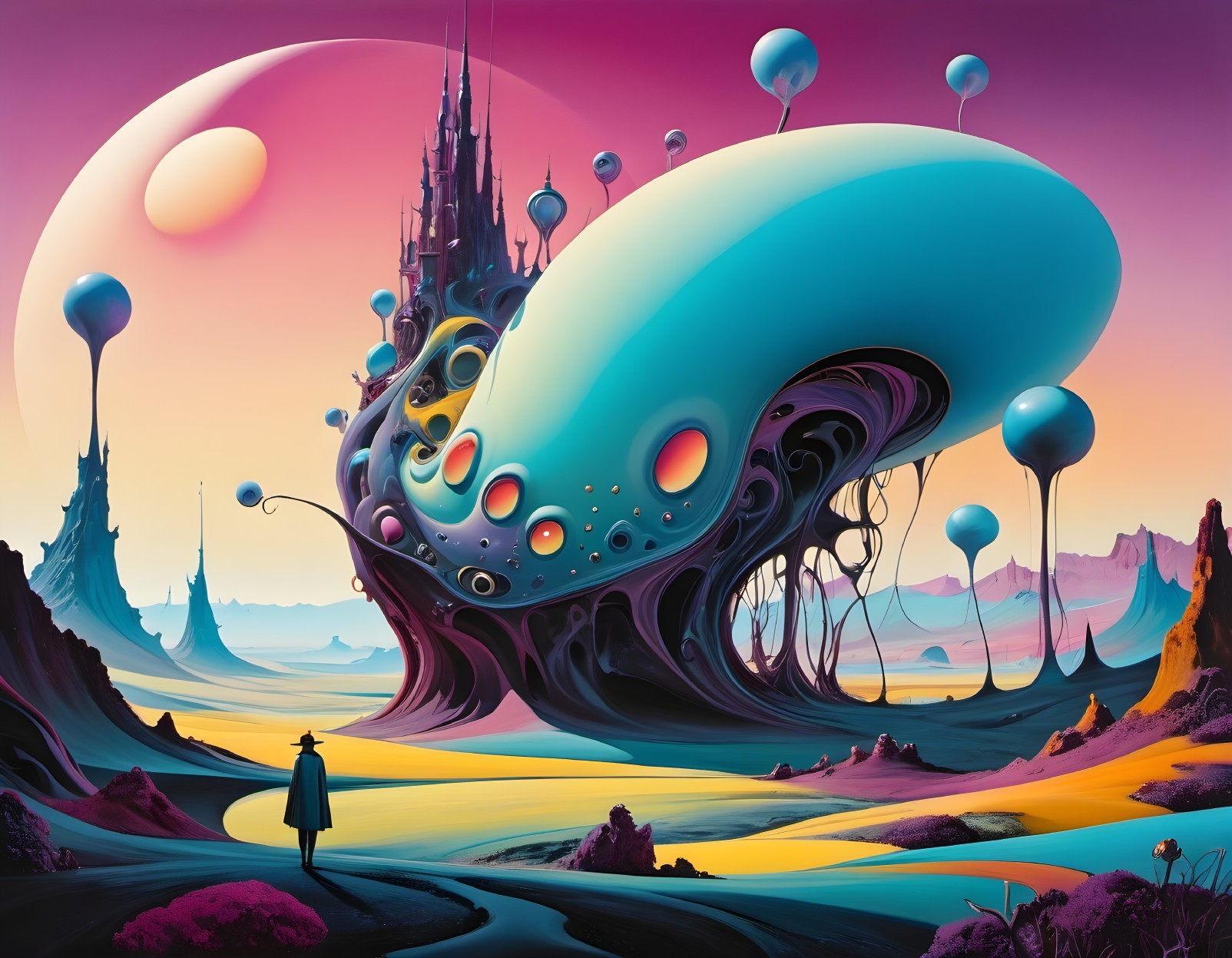 Colorful surreal landscape with whimsical structures and floating orbs