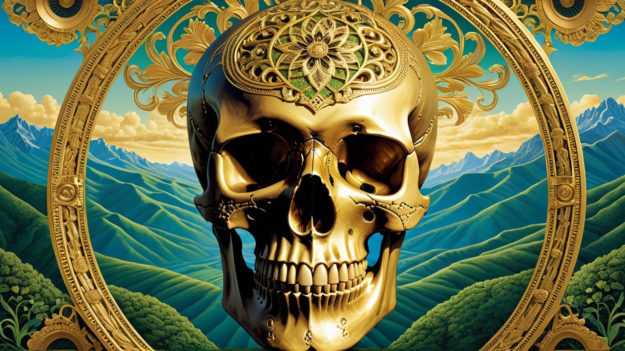 Golden Skull Surrounded by Lush Green Mountains