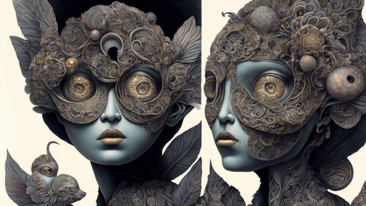 Surreal Face with Blue Skin and Golden Patterns