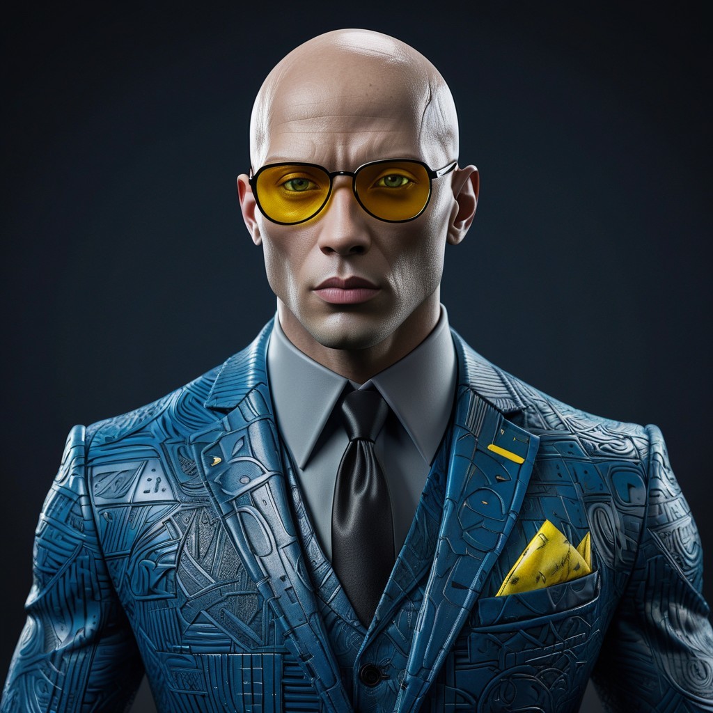 Stylized Figure in Blue Suit with Yellow Accents