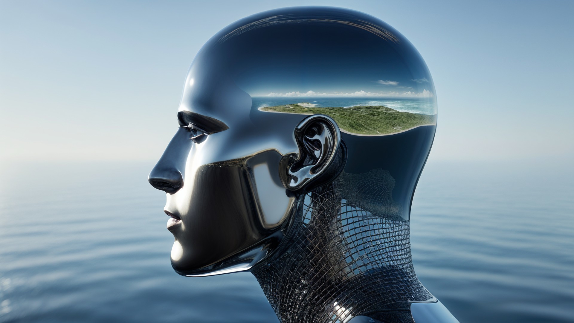 Humanoid Robotic Head with Surreal Seascape Inside