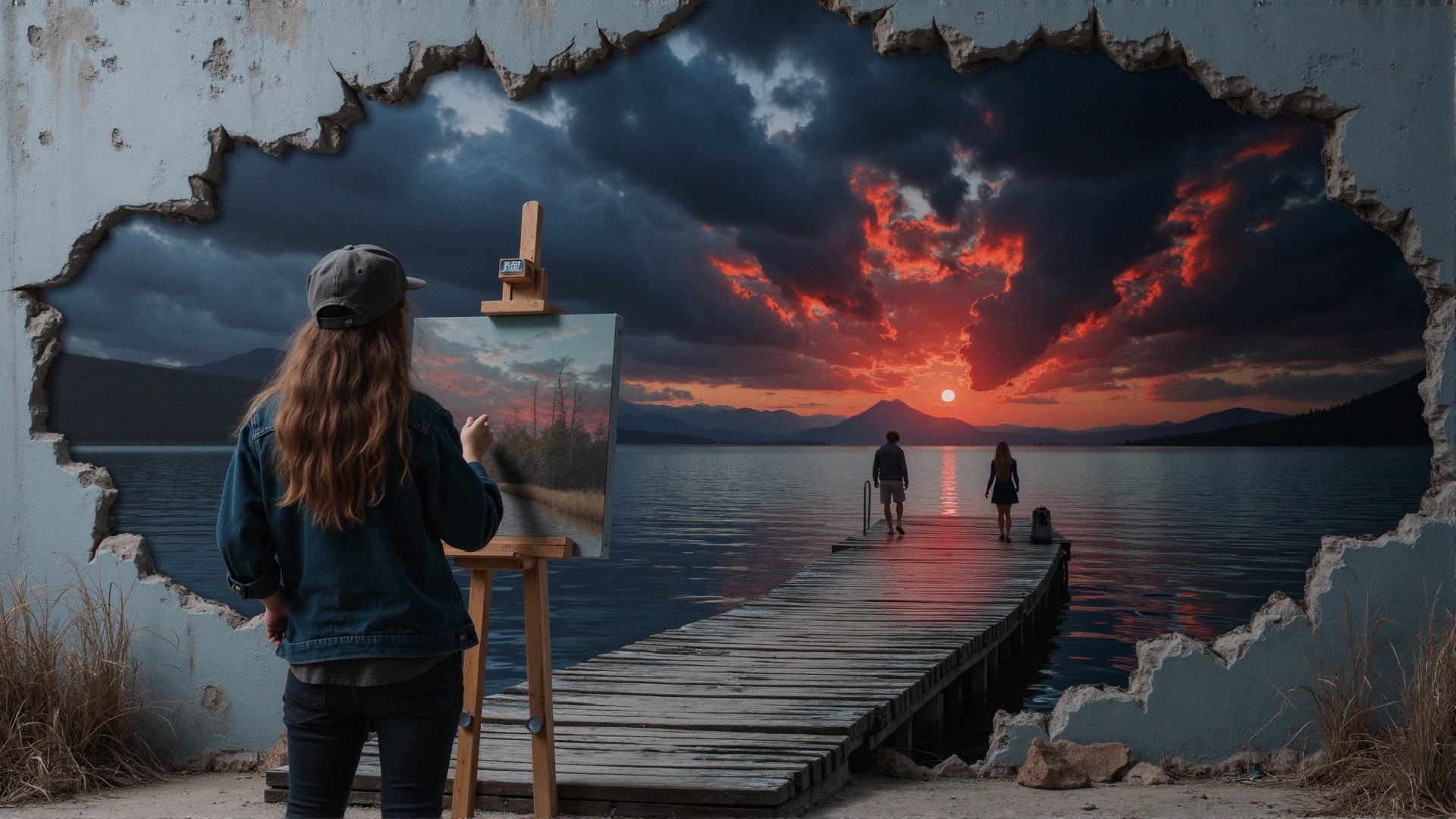 Painter Capturing Sunset Over Lake on Canvas