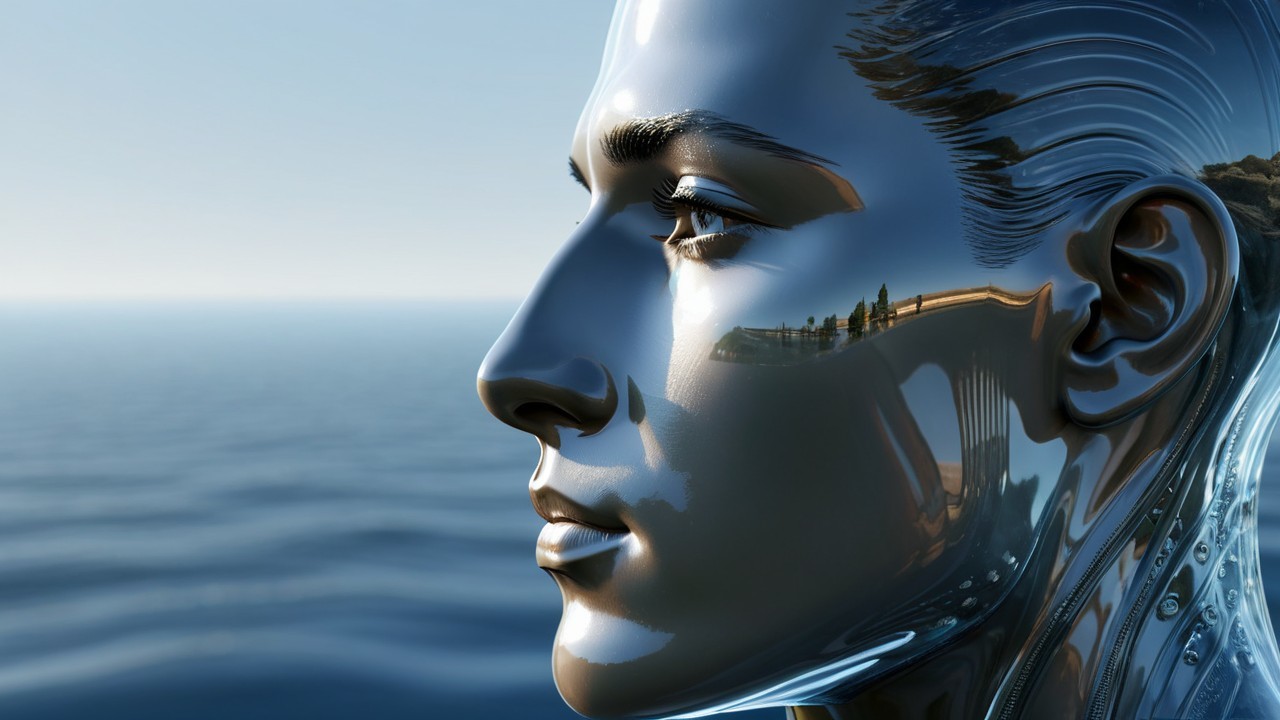 Close-up of a metallic humanoid face by the ocean