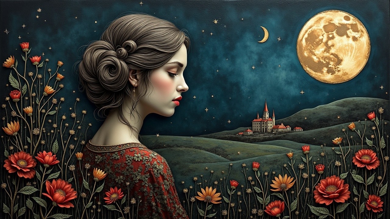 Serene Woman Surrounded by Vibrant Flowers and Moonlight