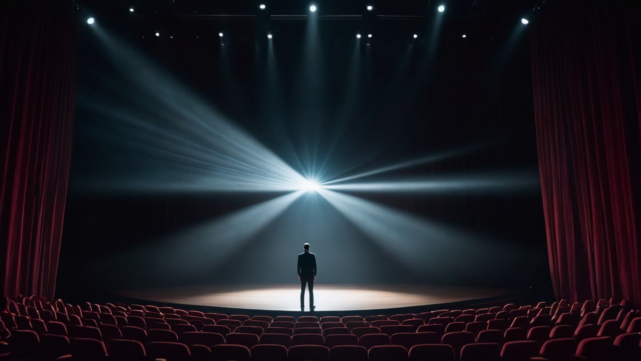 Solitary Figure in Spotlight on Dimly Lit Stage