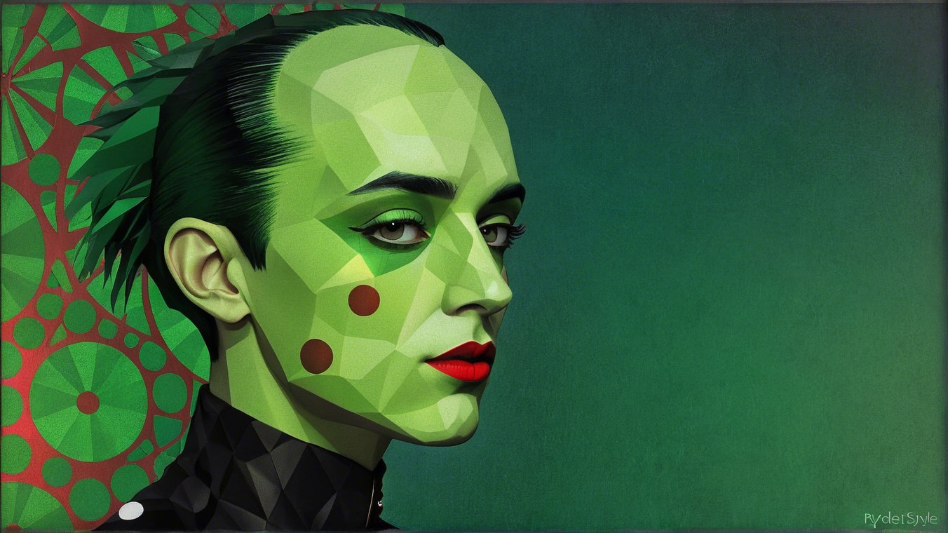 Stylized portrait with geometric shapes in green tones
