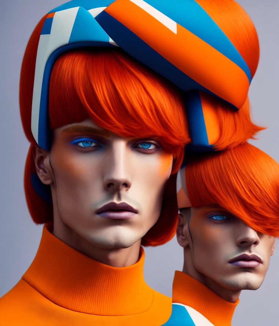 Stylized Male Figures with Orange Hair and Blue Accents