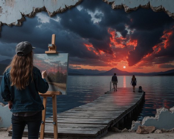 Painter Capturing Sunset Over Lake on Canvas