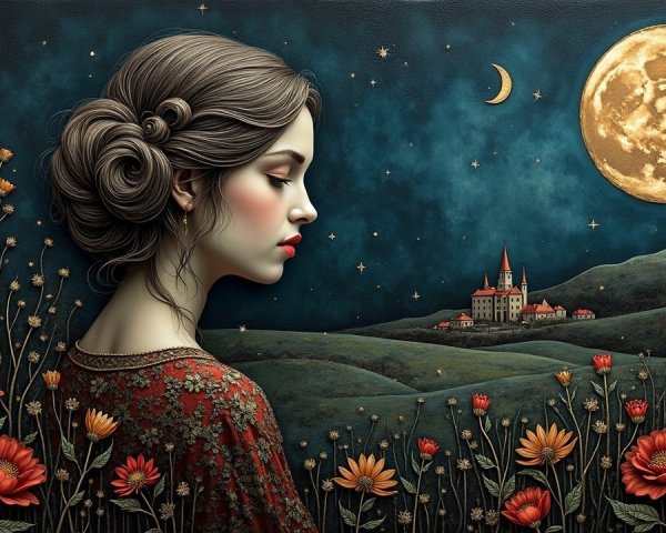 Serene Woman Surrounded by Vibrant Flowers and Moonlight