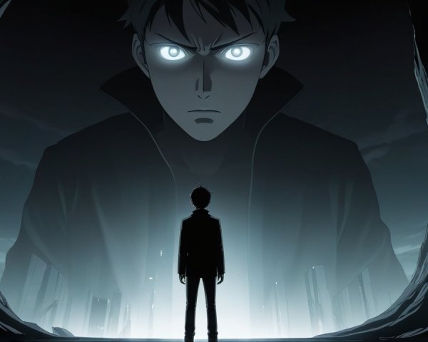 Lone Figure Confronts Ominous Giant in Surreal Landscape