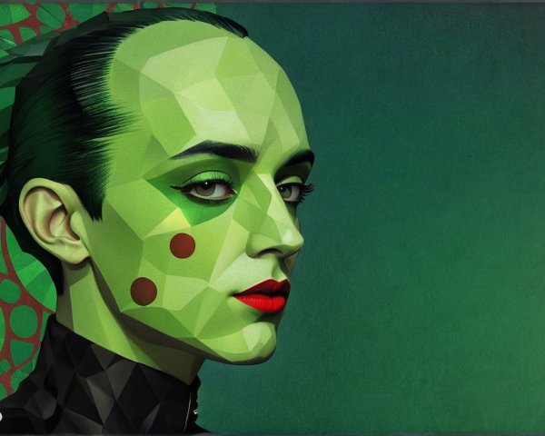 Stylized portrait with geometric shapes in green tones