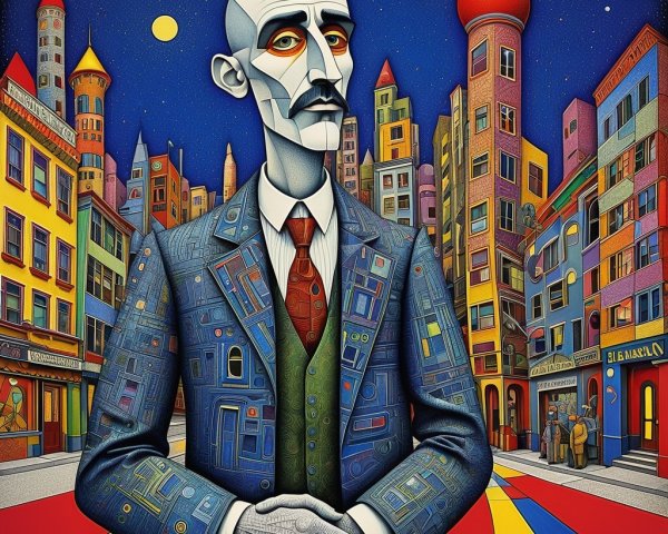 Abstract Figure in Patterned Suit Against Cityscape