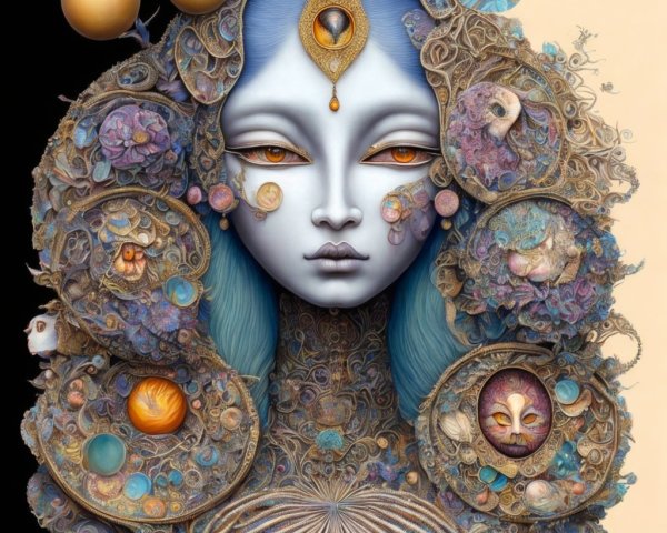 Surreal Woman with Ornamental Designs and Celestial Elements
