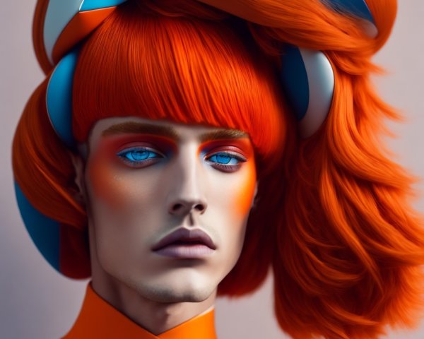 Male model with vibrant orange hair and bold makeup