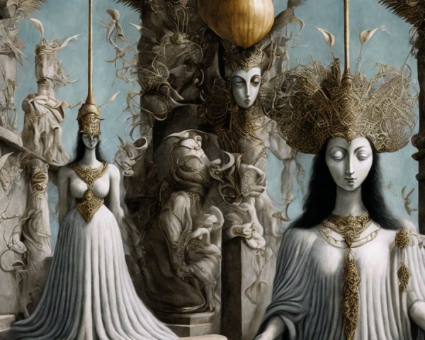 Surreal Ethereal Figures in Ornate Architectural Setting