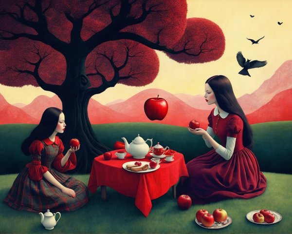 Whimsical Tea Party Under a Vibrant Red Tree
