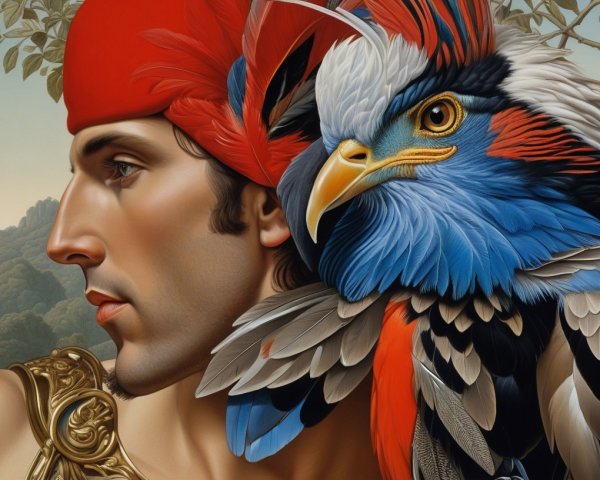 Young man in ornate armor with colorful bird companion