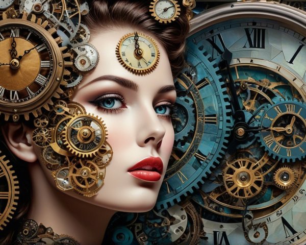 Woman's Face Merged with Gears and Clock Elements