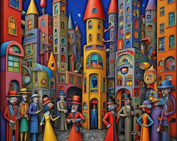 Whimsical Urban Scene with Colorful Abstract Buildings