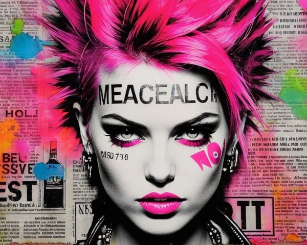 Portrait of a woman with pink spiky hair and graffiti