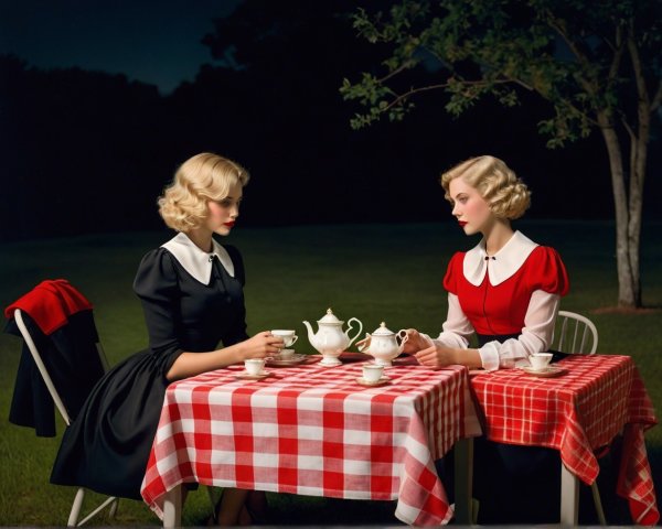 Elegant women in vintage dresses at outdoor table