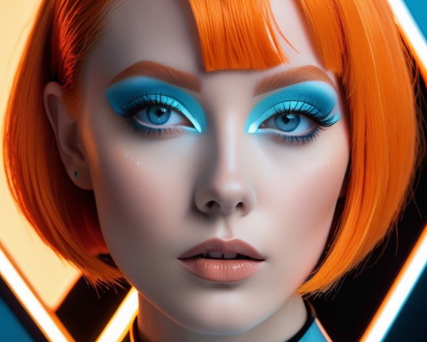 Portrait of a model with orange bob hair and bold makeup