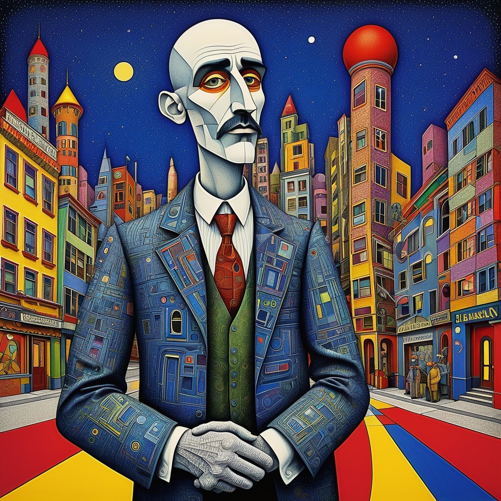 Abstract Figure in Patterned Suit Against Cityscape