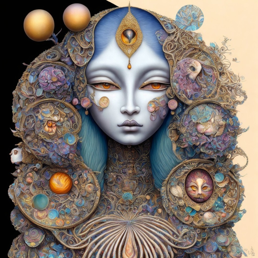 Surreal Woman with Ornamental Designs and Celestial Elements