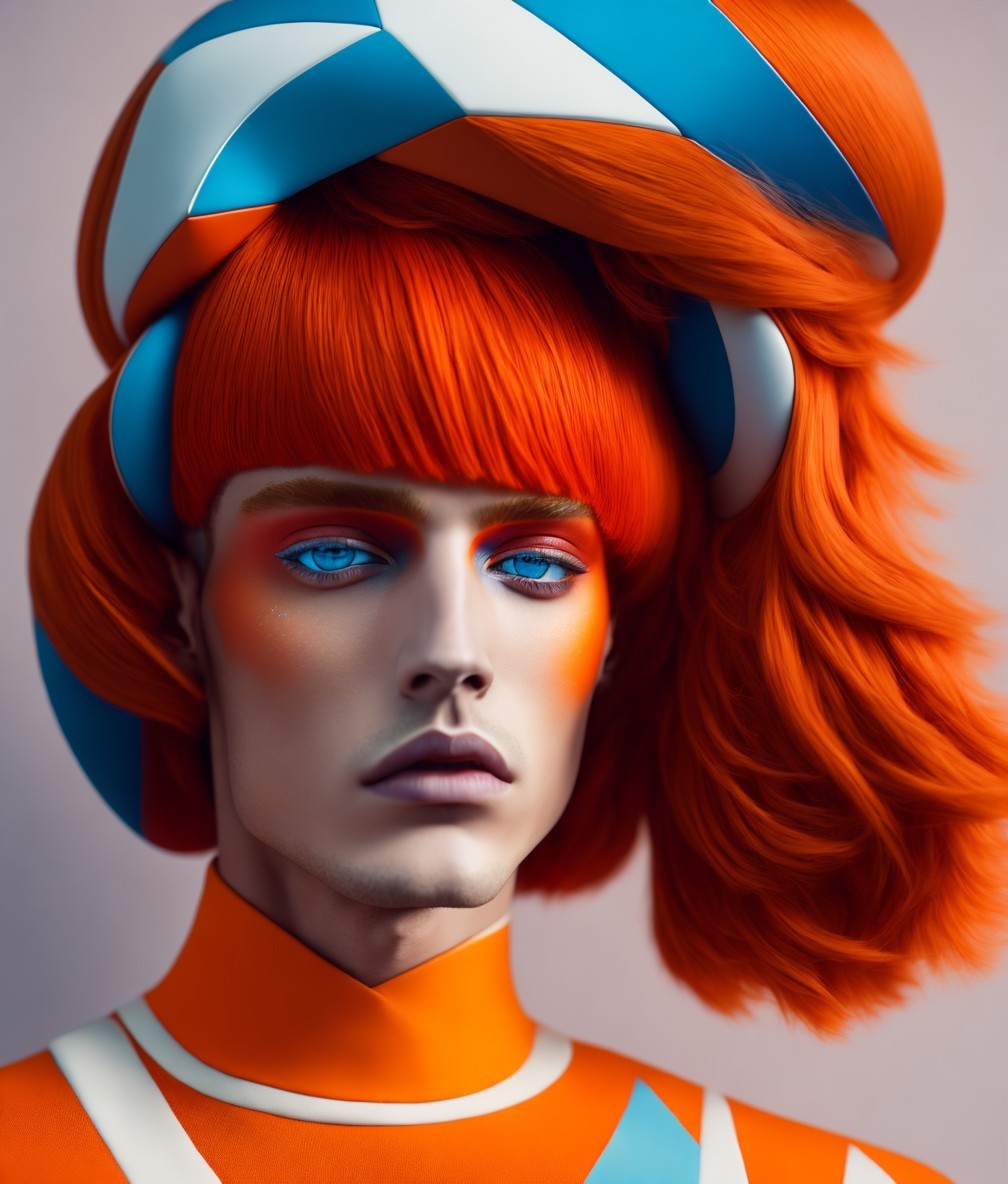 Male model with vibrant orange hair and bold makeup