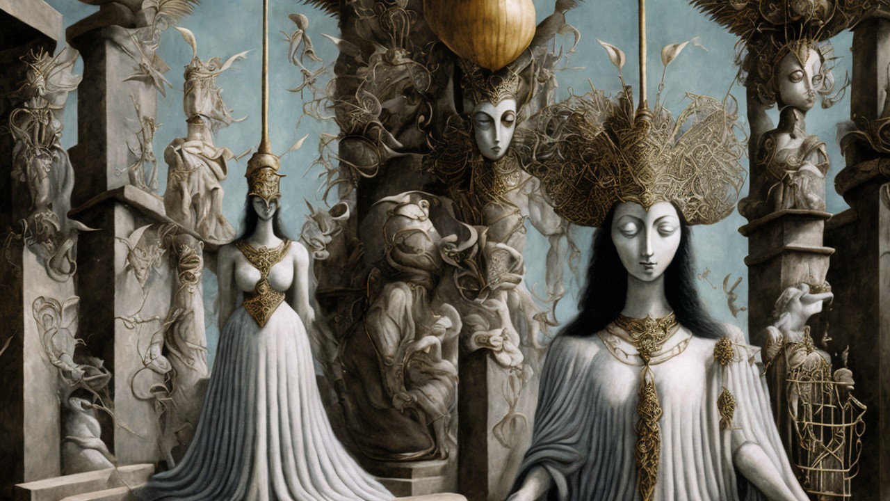 Surreal Ethereal Figures in Ornate Architectural Setting