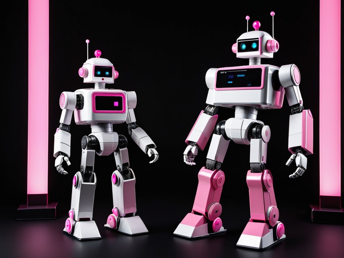Whimsical Robots Against Dark Background with Pink Lights