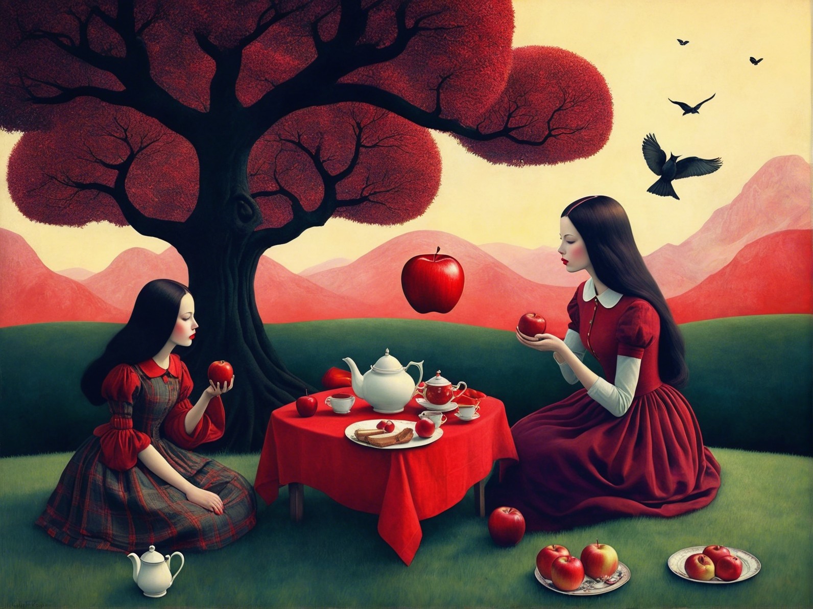 Whimsical Tea Party Under a Vibrant Red Tree