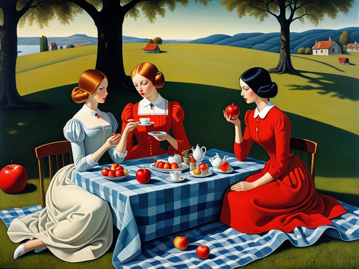 Elegant Picnic Scene with Women Under Trees