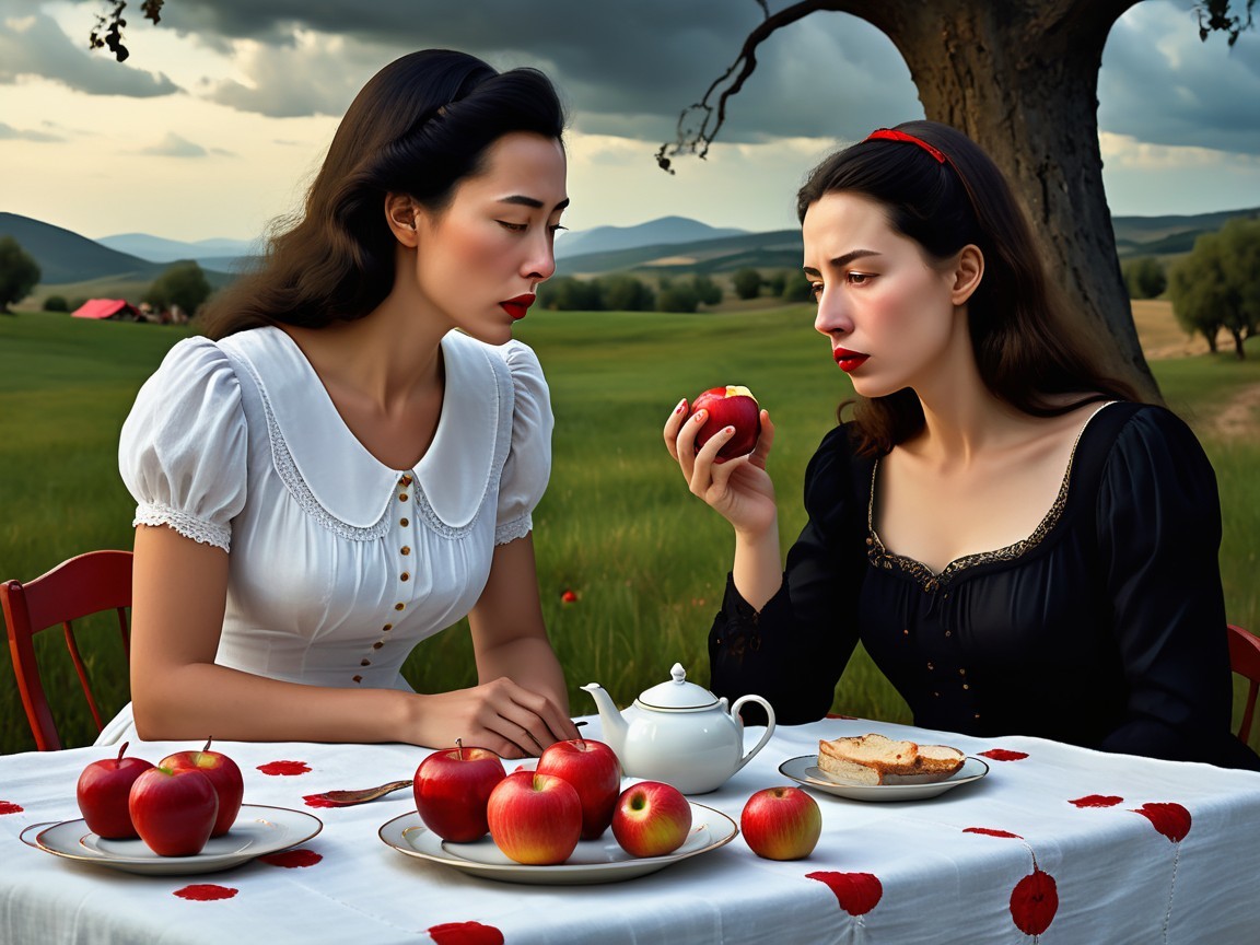 Women in Dresses at Table with Apples and Tea Set