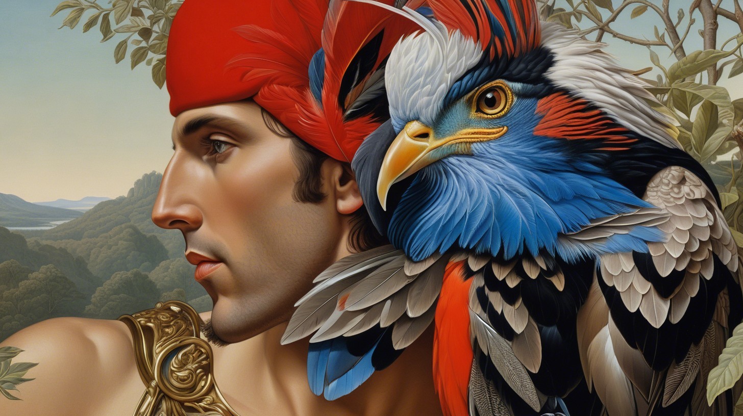 Young man in ornate armor with colorful bird companion
