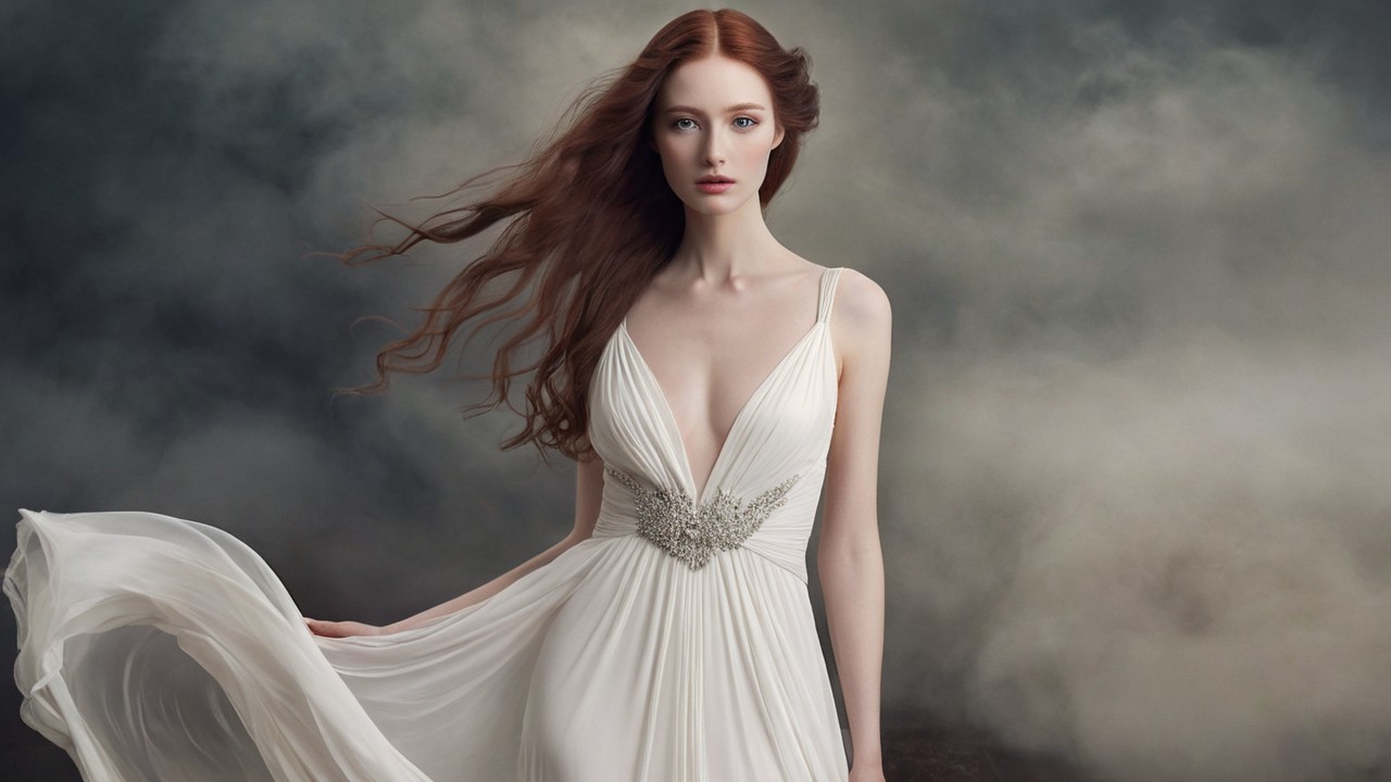 Elegant Model in White Gown in Ethereal Setting