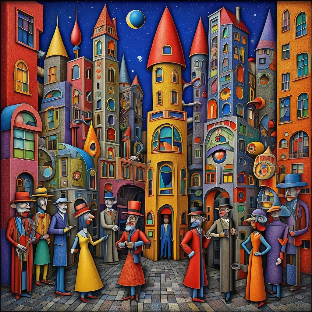 Whimsical Urban Scene with Colorful Abstract Buildings