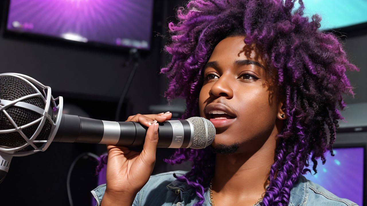 Young artist with purple hair performing on stage