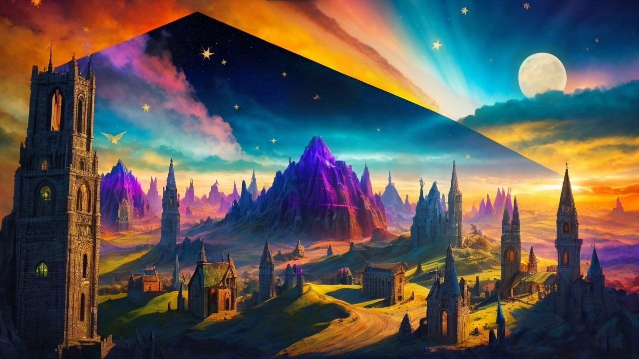 Mystical Landscape with Mountains and Ancient Structures