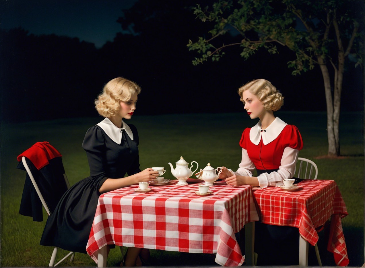 Elegant women in vintage dresses at outdoor table