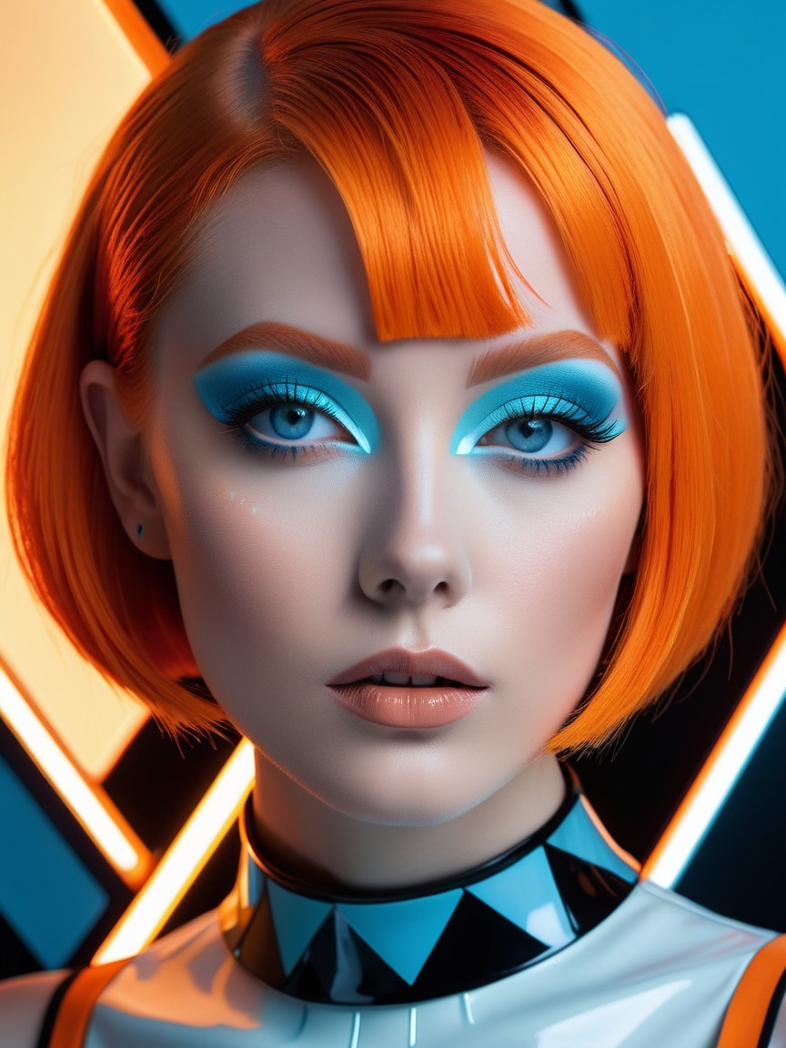 Portrait of a model with orange bob hair and bold makeup