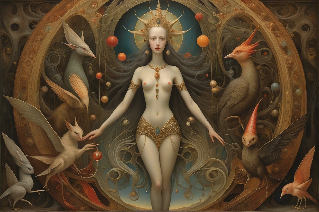 Mystical Figure in Golden Attire with Vibrant Birds