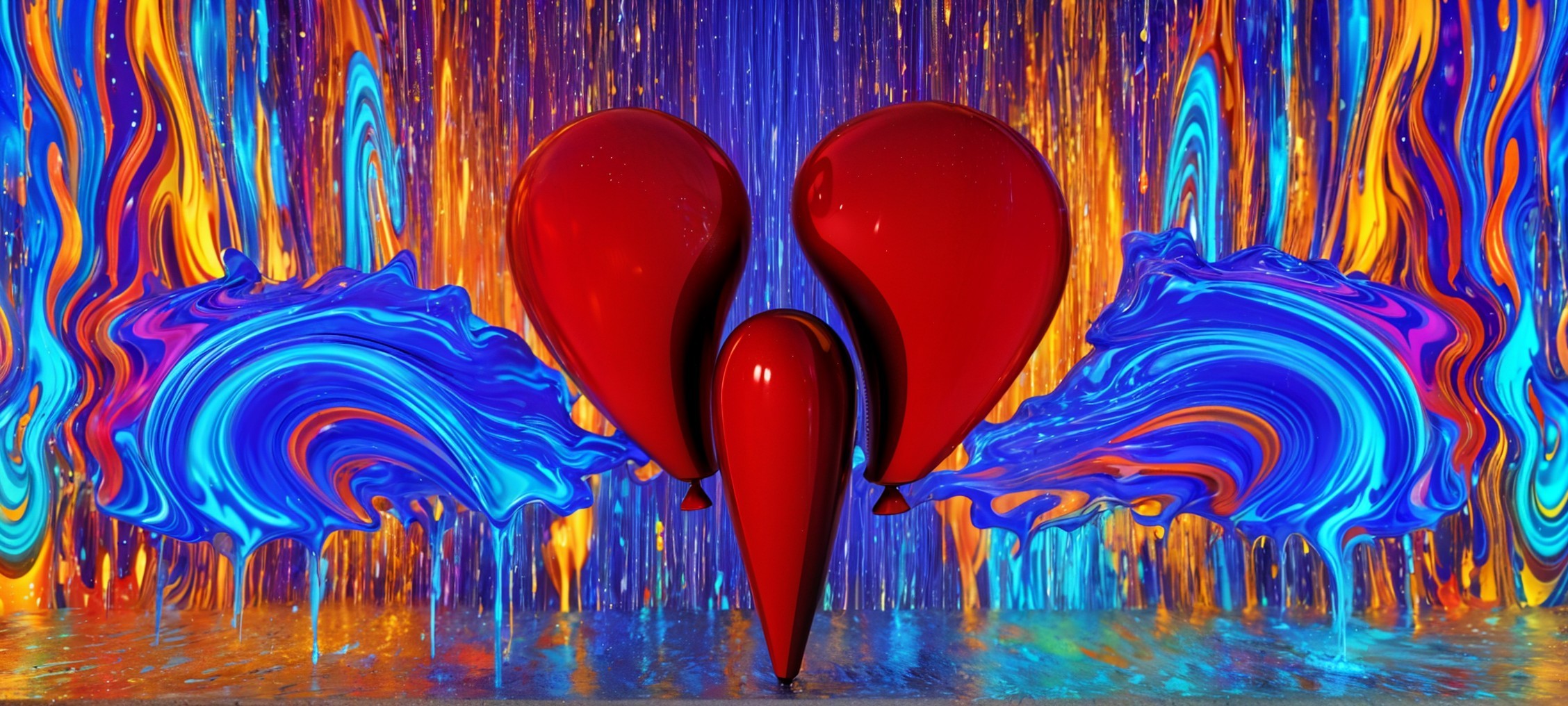 Abstract Composition of Red Teardrops and Colorful Lines