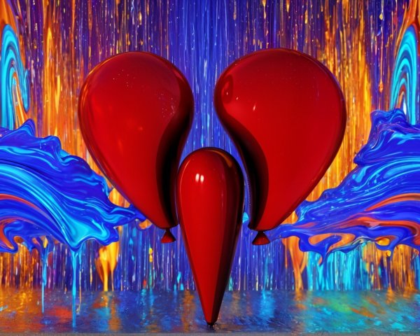 Abstract Composition of Red Teardrops and Colorful Lines