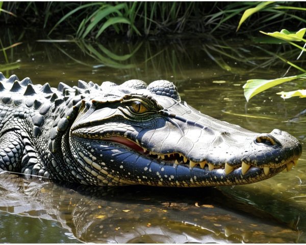 Close-up of a crocodile in calm, murky water