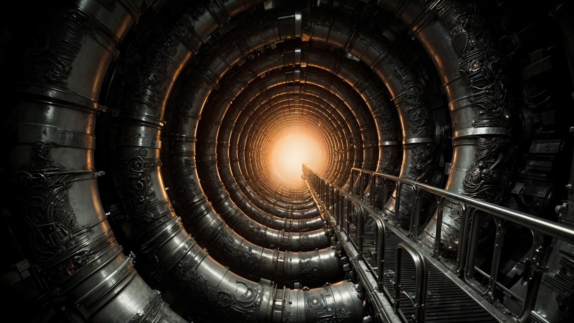 Metallic Tunnel with Engravings and Central Light