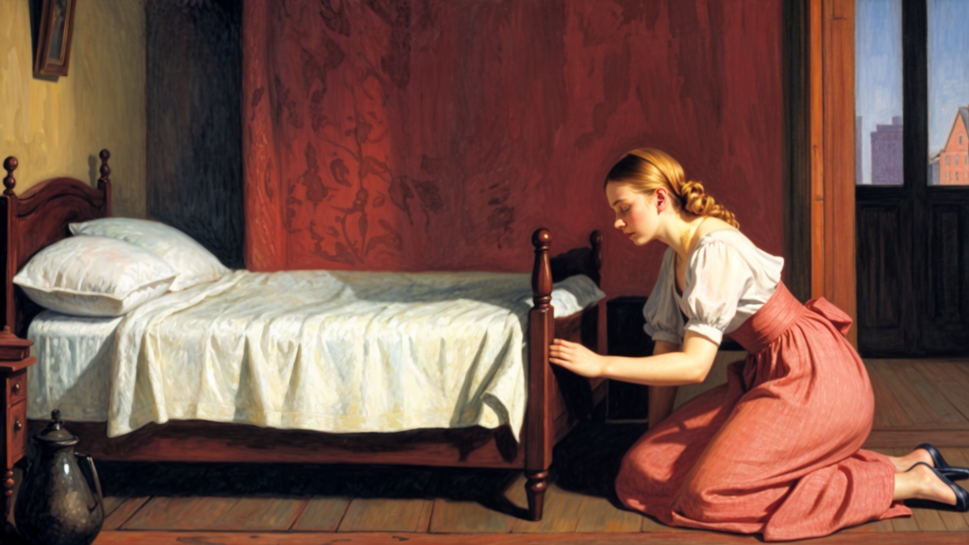 Young woman inspects bedpost in dimly lit room