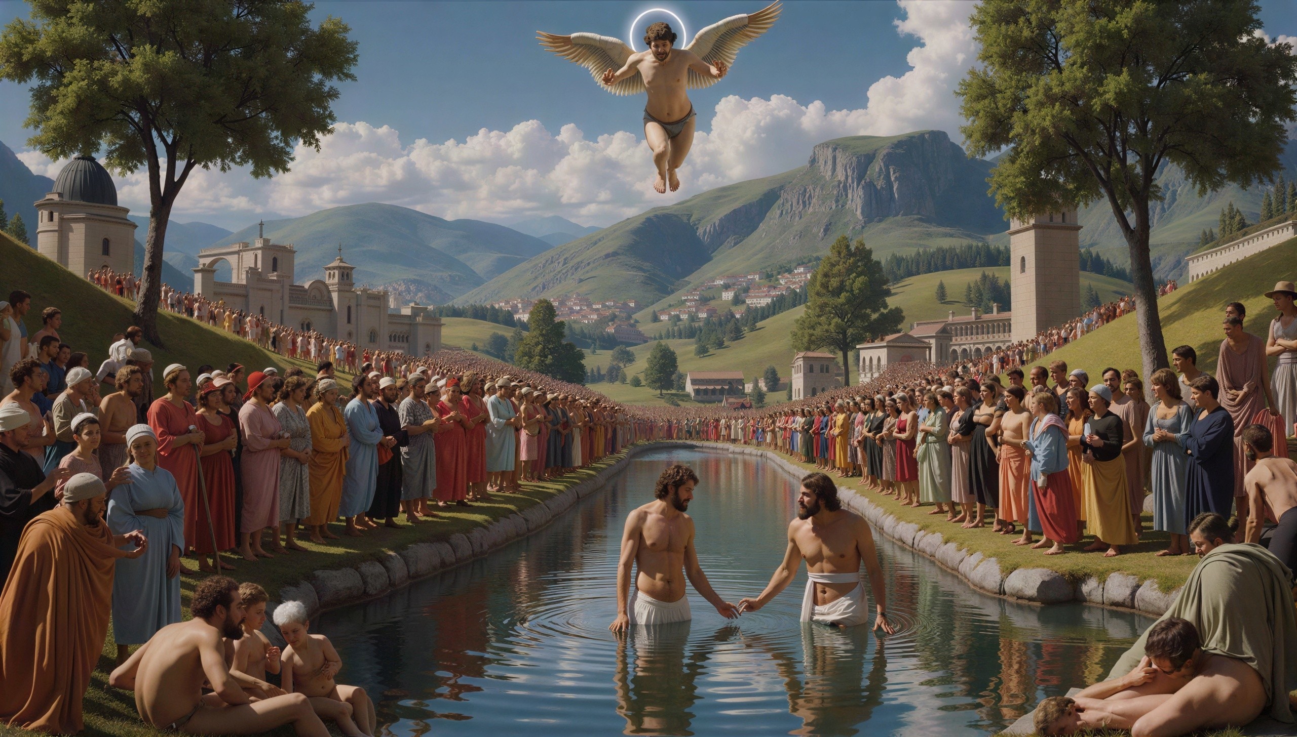 Scene of Baptism with Men in Robes by Canal