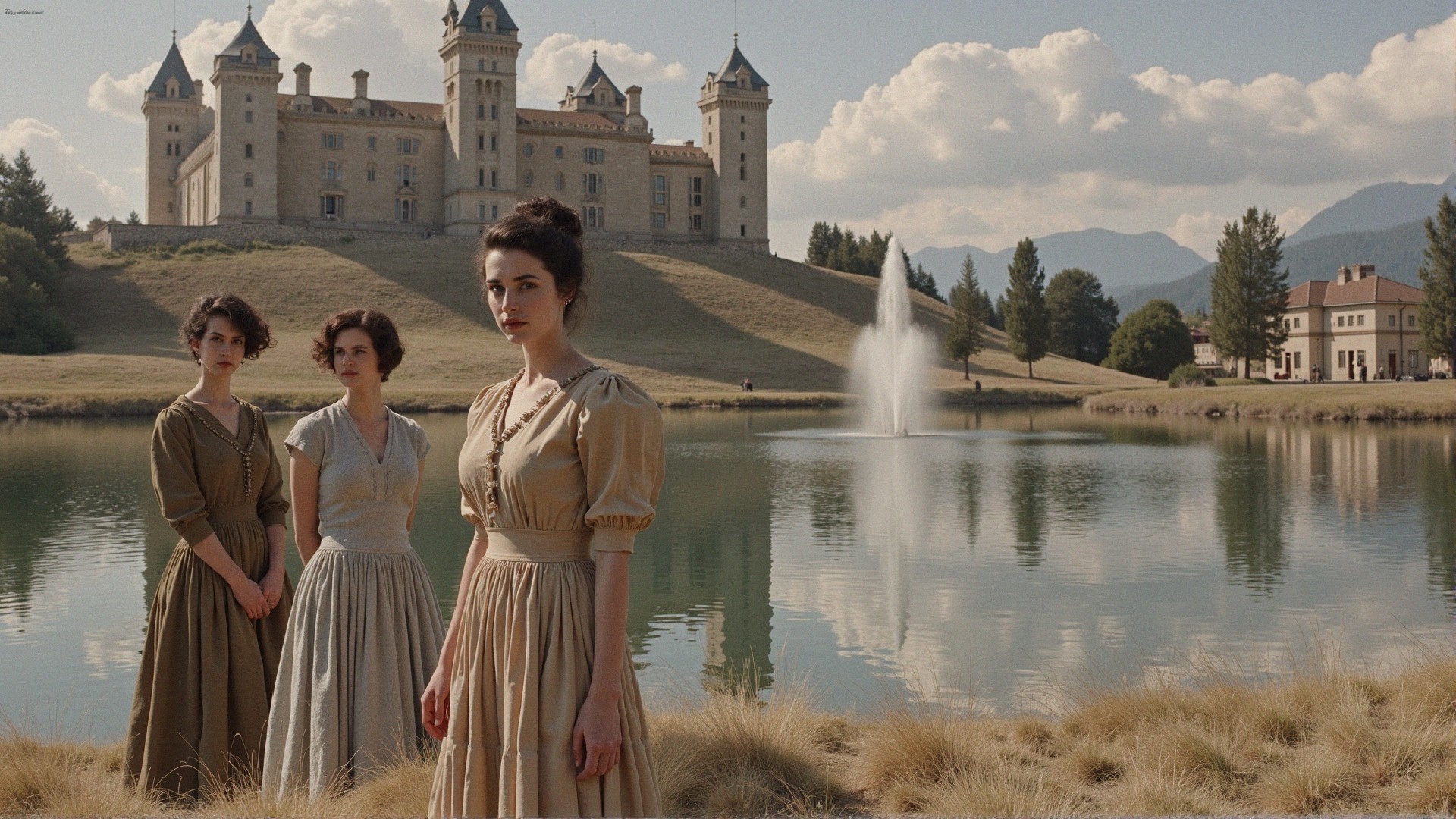 Women in vintage dresses by a serene lake and castle